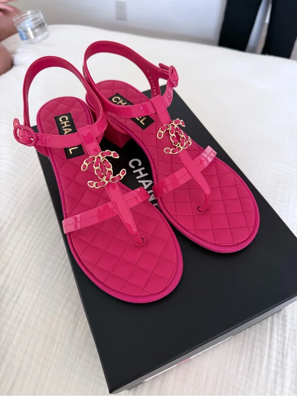 CHANEL Hot Pink Quilted T-Strap Slingback Sandals with Gold CC